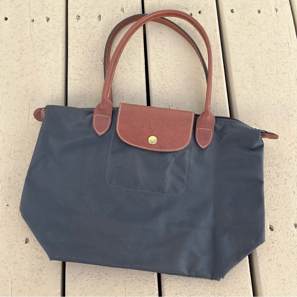 Longchamp Navy and Brown Le Pliage Small Tote